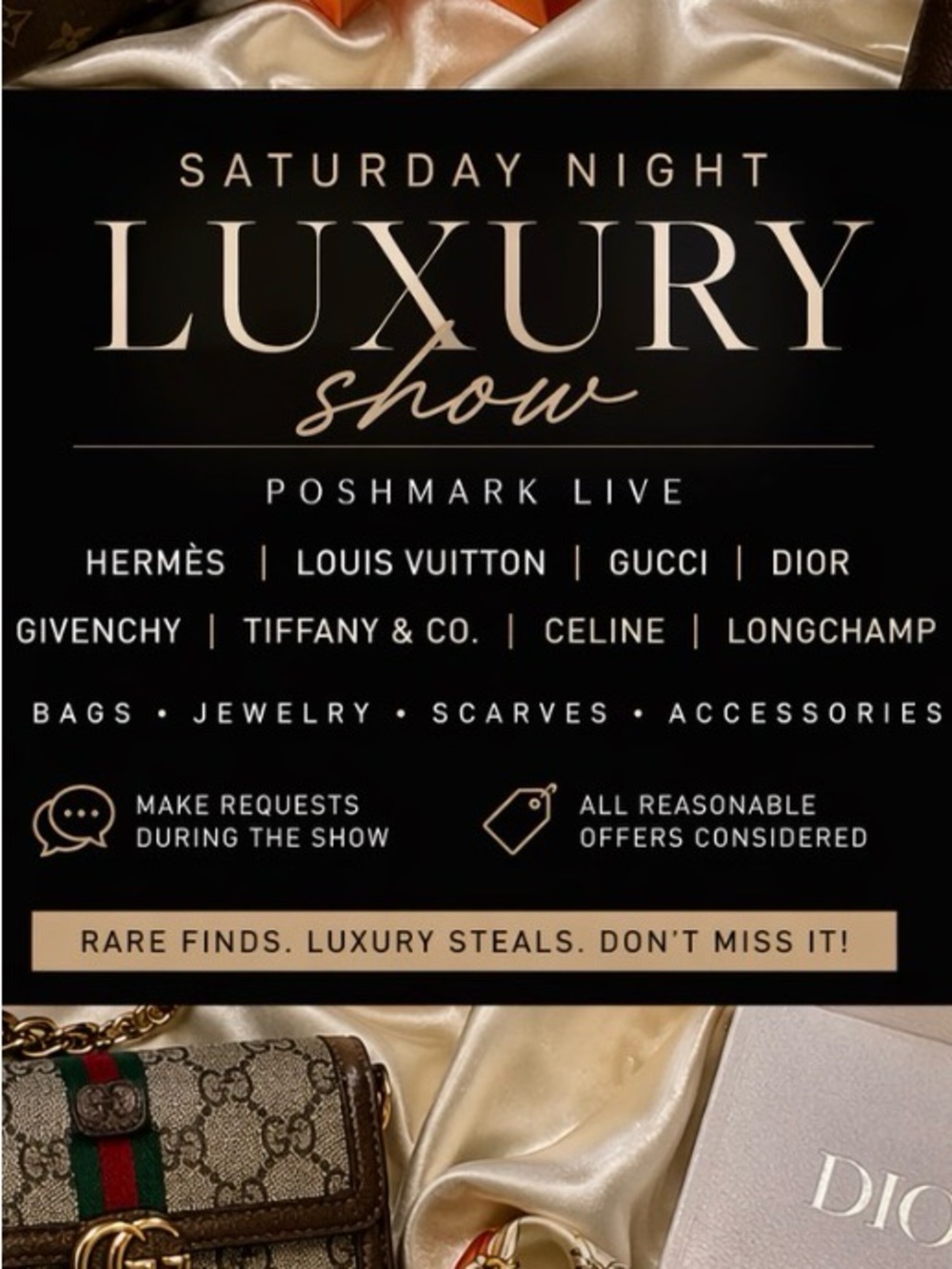 Saturday Night Luxury Show 915 pm-LUXURY REDEFINED! Scarves purses jewelry!
